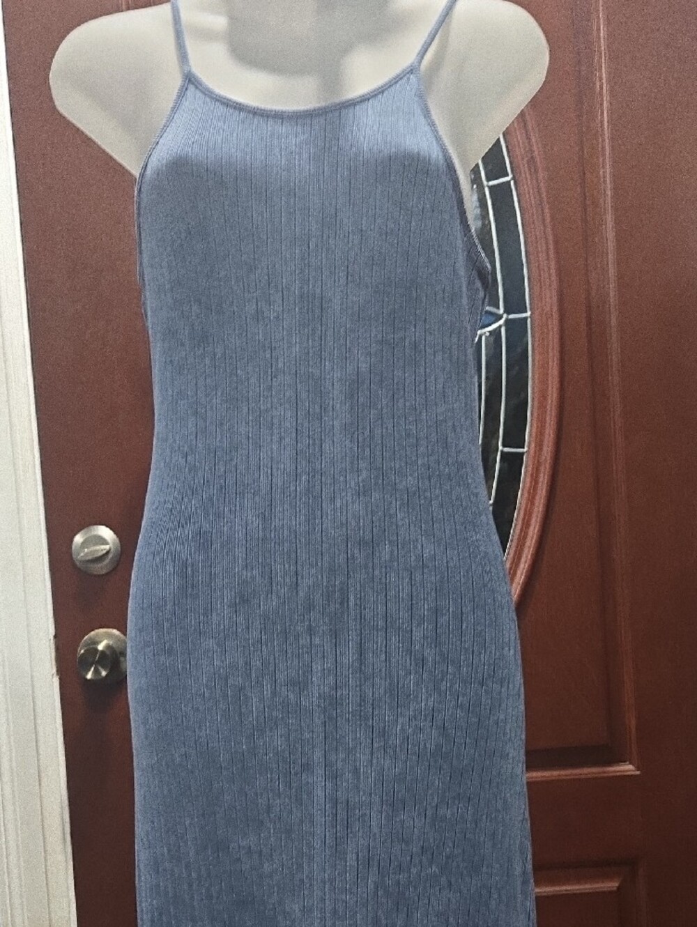 French Connection Ribbed Knit Thin Strap Maxi Dress in Washed Slate Blue, Size 8